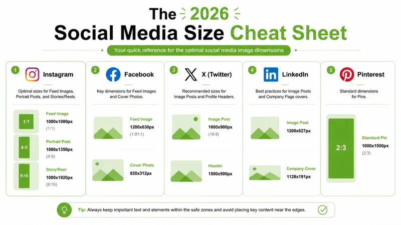 An infographic titled The 2026 Social Media Size Cheat Sheet showing optimal image dimensions for major social platforms.