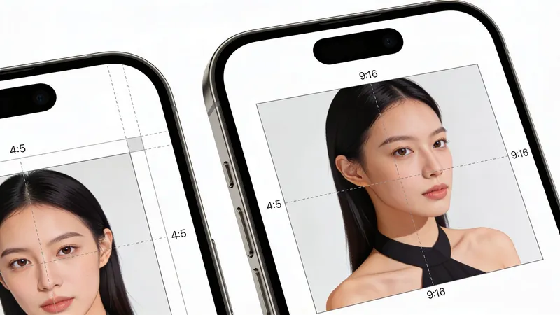 Two smartphones side by side displaying image cropping guides for 4:5 and 9:16 aspect ratios.