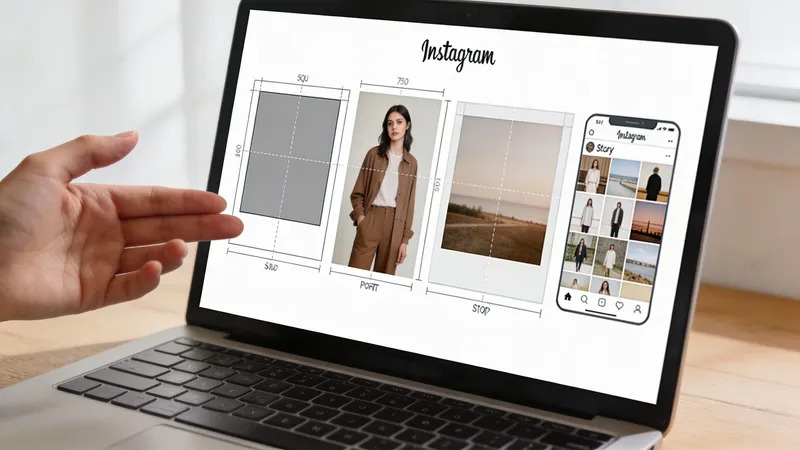 A laptop screen displaying a guide for Instagram social media post aspect ratios and image sizes.