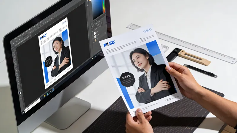A person holds a printed business document next to a computer monitor displaying the same design layout.