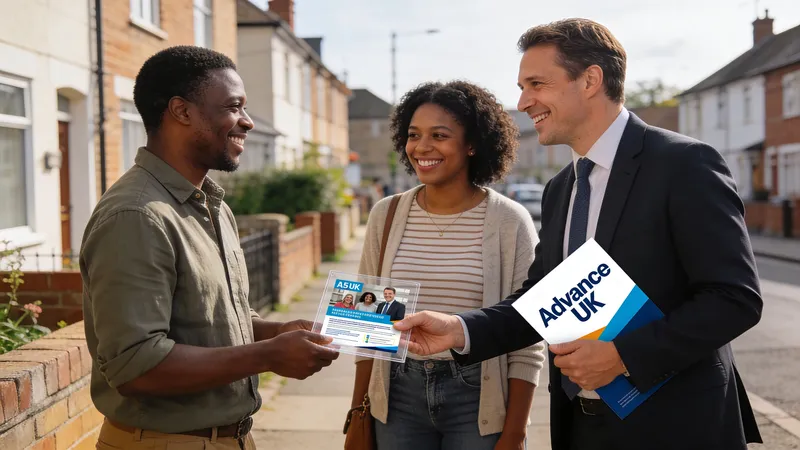 A professional man handing a printed flyer to a smiling couple on a sunny residential street.