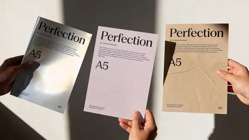 Three A5 flyers with various paper finishes are held by hands against a minimalist white background wall.
