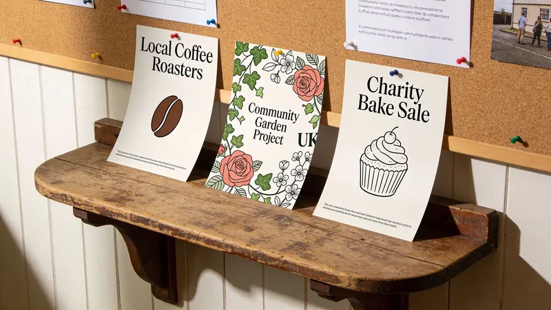 A wooden shelf holding three posters for a local coffee roaster, garden project, and charity bake sale.