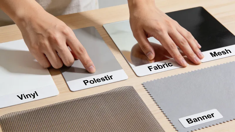 A person evaluating various material samples for exhibition banner printing, including vinyl, polyester, fabric, mesh, and banner fabric.