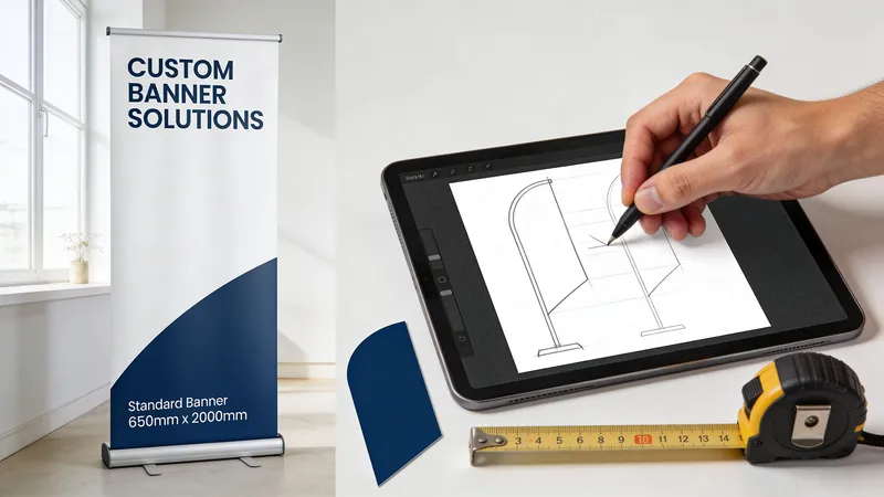 A custom banner stand next to a digital tablet with a design sketch and a measuring tape.