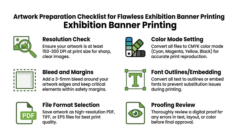 An infographic checklist for exhibition banner printing covering resolution, color mode, bleed, fonts, formats, and proofing.