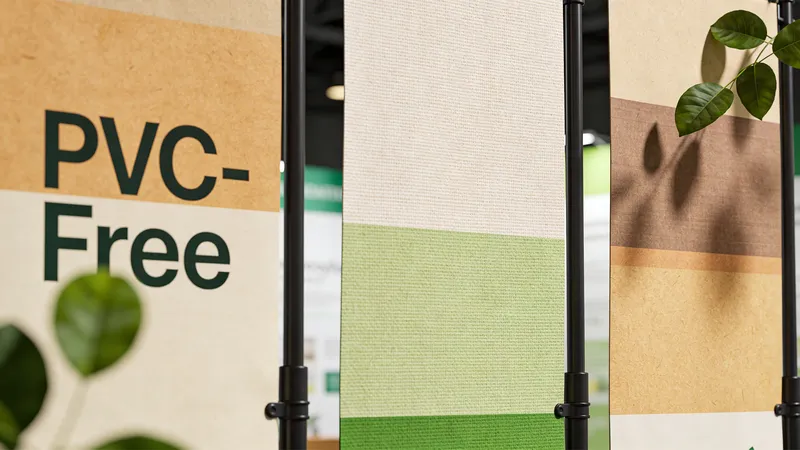 Close-up of PVC-free exhibition banners with natural textures and green color palettes displayed on stands.