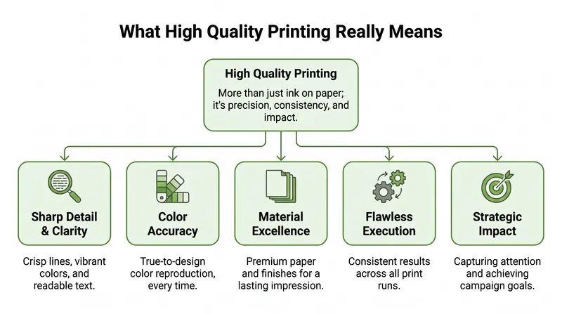 A flowchart showing that high quality printing involves sharp detail, color accuracy, material excellence, execution, and impact.