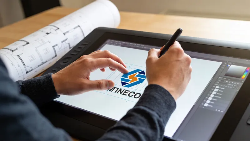 A designer works on a digital graphic logo on a high-end drawing tablet display.
