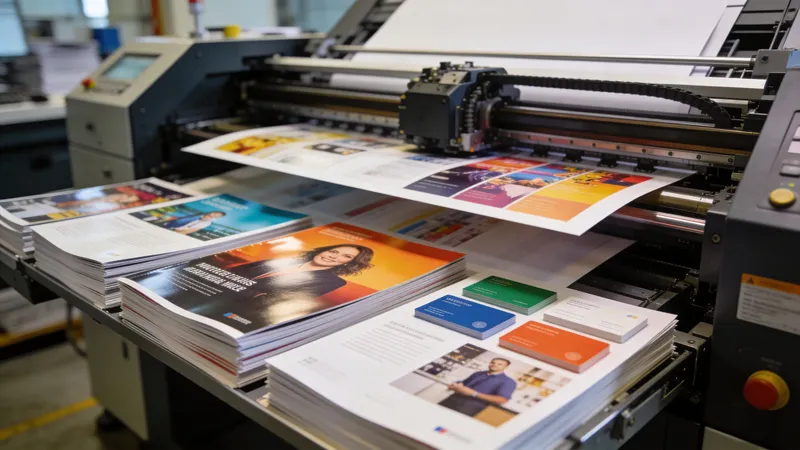 Industrial printer outputting colorful brochures and business cards in a professional commercial printing facility.