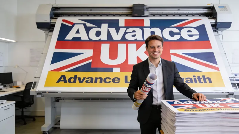 A smiling man holding a printed roll in front of a large commercial printer producing posters.