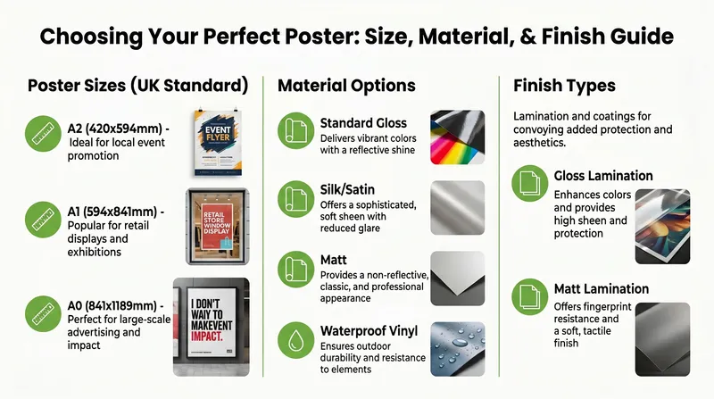 A guide illustrating standard UK poster sizes, various printing materials, and professional finish options for posters.