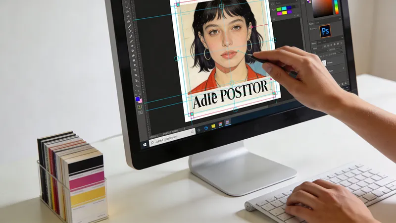 A graphic designer editing a portrait poster design on a computer screen using professional editing software.