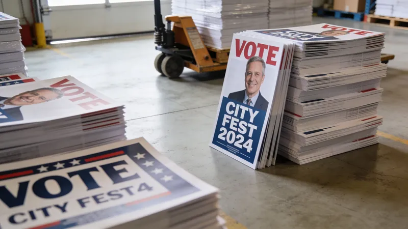 A stack of political campaign posters featuring a male candidate for City Fest 2024 on a warehouse floor.