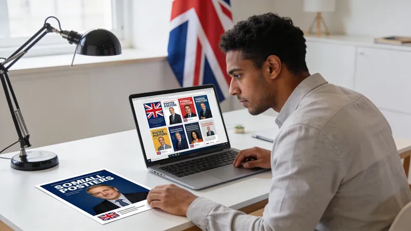 A man working on his laptop to design custom political posters in a well-lit home office.