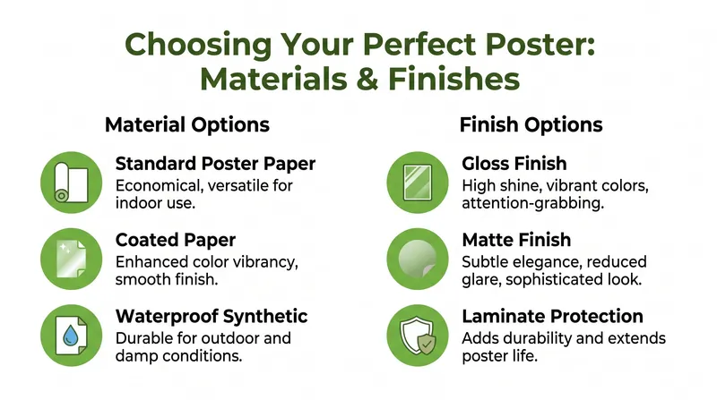 An infographic comparing different poster material types and finish options for professional poster printing services.