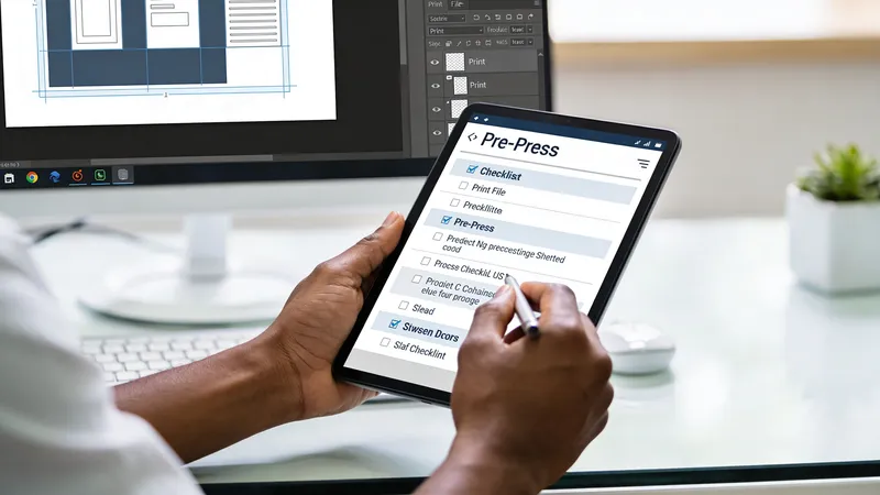 A professional designer using a tablet to review a pre-press digital checklist for printing projects at their desk.