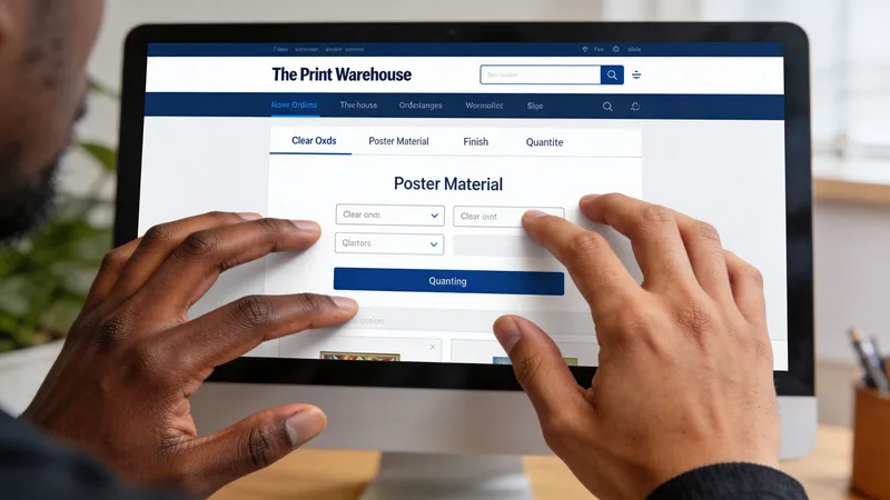 A person using a desktop computer to customize and order custom posters on an online printing website.