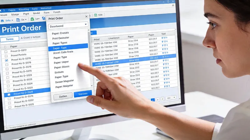 A professional working on a computer screen displaying an interactive print order management software interface.