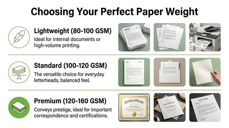 A visual guide explaining different paper weights in GSM for printing documents, letterheads, and certificates.