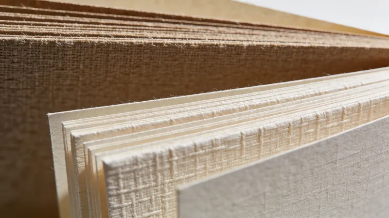 A close up view showing a stack of textured off-white and brown decorative paper samples.