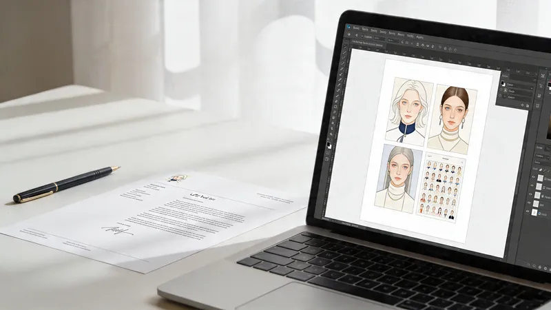 A laptop showing character illustrations on the screen next to a formal letterhead document and pen.