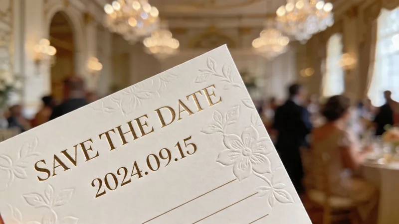 A close-up view of an elegant cream colored save the date card with gold embossed lettering.