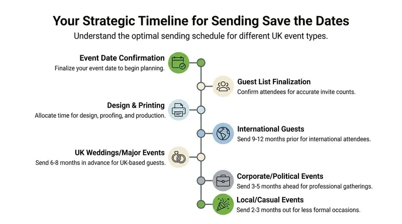 A strategic timeline infographic illustrating the recommended schedule for sending save the date invitations for various UK events.