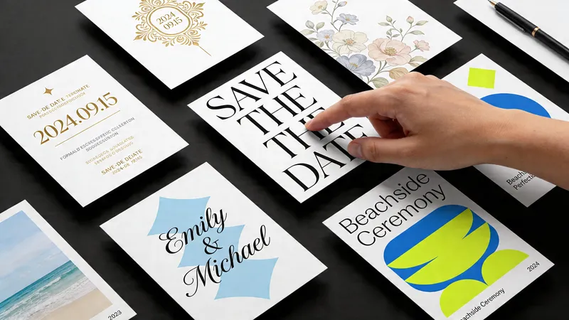 A hand touching a Save The Date card surrounded by various wedding invitation designs on a black background.