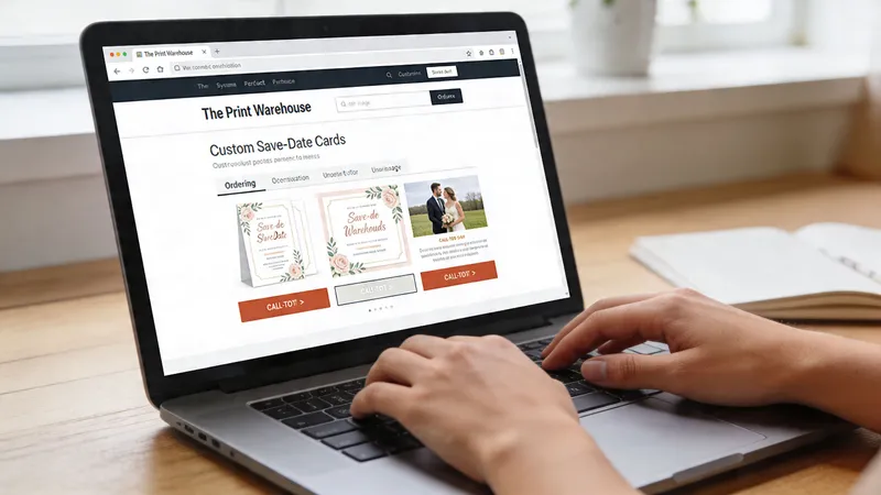A person working on a laptop viewing custom save the date cards on a print shop website.
