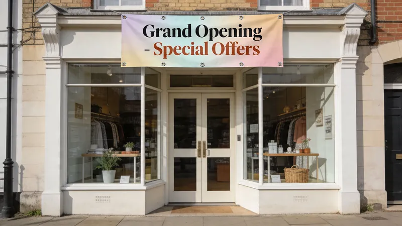 A colorful Grand Opening Special Offers banner displayed prominently above a charming boutique shop storefront entrance.