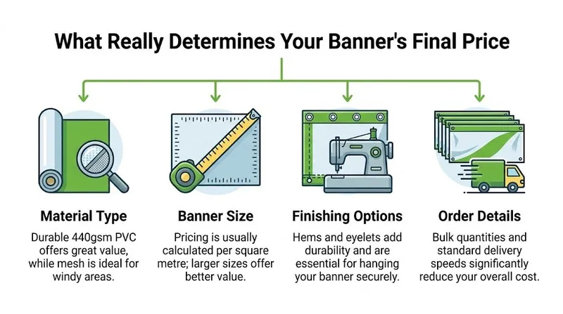 An infographic showing four key factors that determine the final price of custom printed banners.