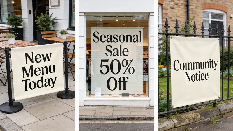 A composite image displaying three different business signage banners including a cafe menu, shop sale, and community notice.