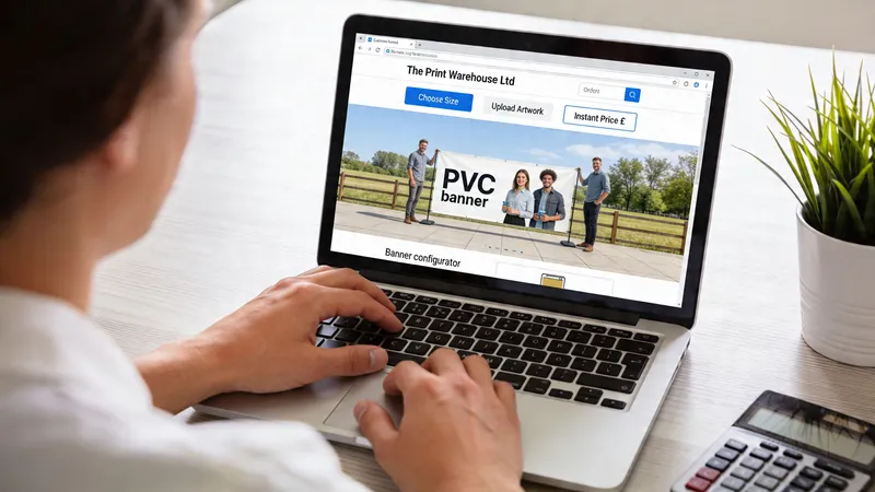 A person uses a laptop to browse a website for ordering custom printed banners online.