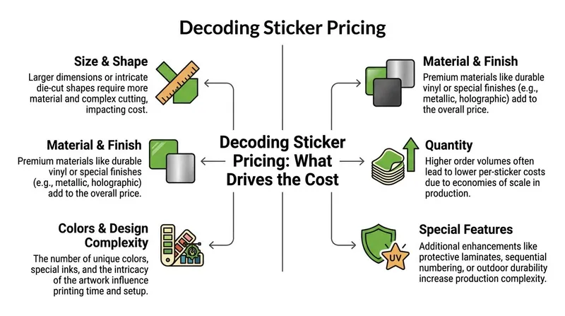 An infographic titled Decoding Sticker Pricing illustrating the various factors that influence the overall cost of stickers.