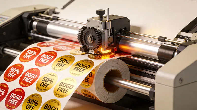 A professional industrial machine printing and cutting custom discount stickers on a roll in a workshop.