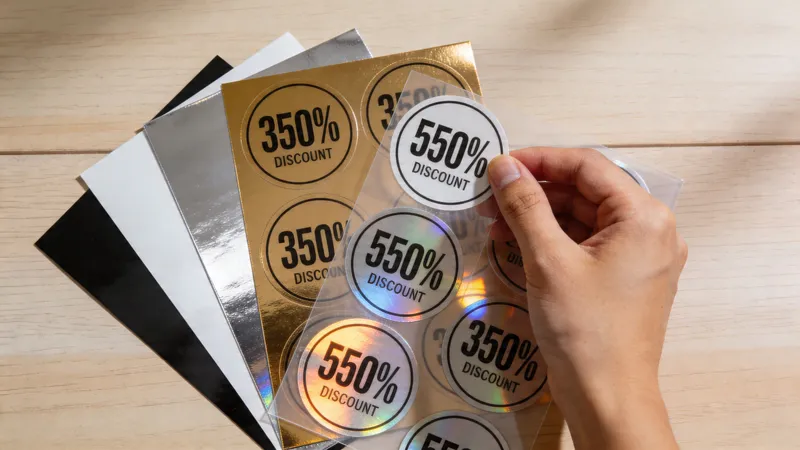 A person holding a transparent sticker sheet featuring 550% and 350% discount promotional labels over metallic backgrounds.
