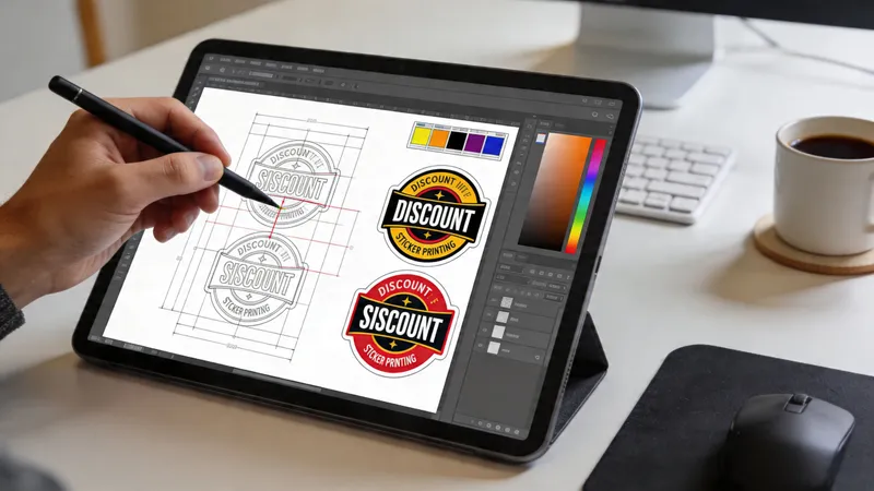 A designer uses a digital stylus on a tablet to create custom discount sticker printing logo designs.