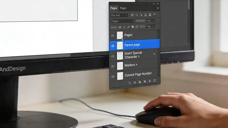 A user navigating the Pages panel in Adobe InDesign software on a computer monitor while using a mouse.