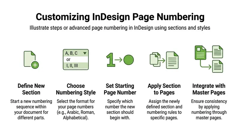 A diagram illustrating the five steps for customizing page numbering in Adobe InDesign using sections.