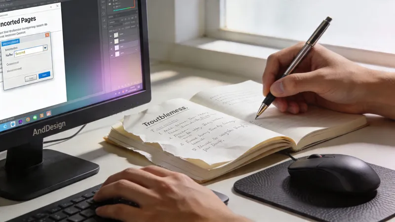 A person writing in a notebook next to a computer monitor displaying Adobe InDesign page numbering software.