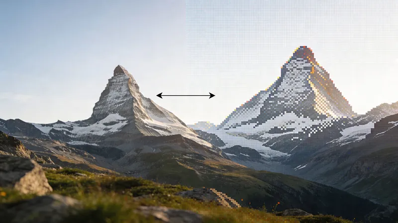 A split image showing a sharp photograph of the Matterhorn mountain transitioned into a pixelated digital version.