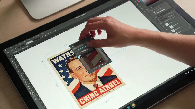 A person uses their fingers to resize and transform a digital image on a large touchscreen tablet device.