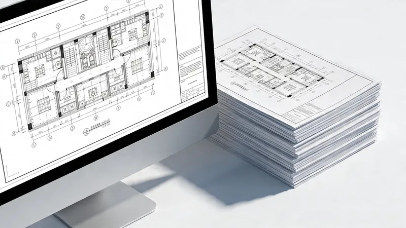 A computer monitor displaying architectural blueprints next to a large stack of printed technical floor plan drawings.