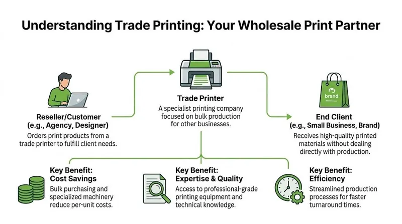 A diagram illustrating how trade printers act as a wholesale partner between resellers and end clients.