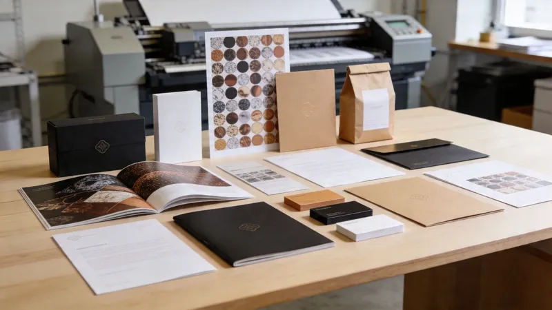 A professional desk workspace featuring branding materials like stationery, brochures, business cards, and a paper bag.