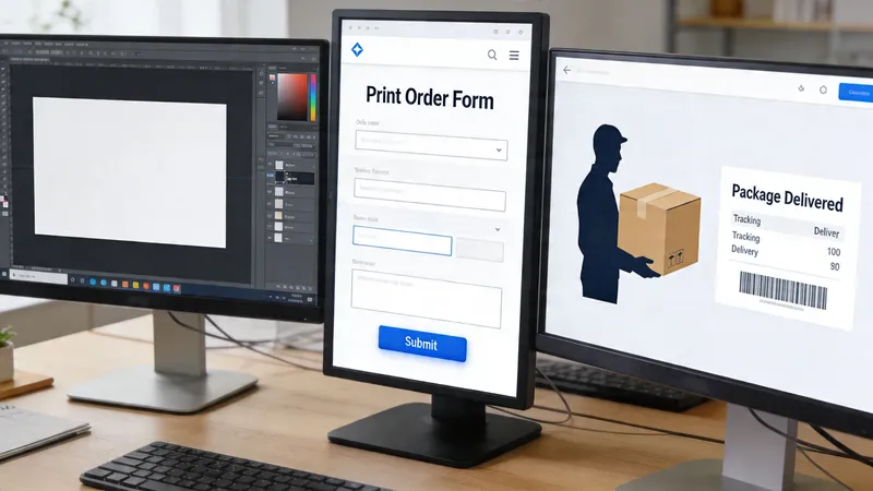 A professional workspace featuring multiple computer monitors displaying print order forms and package delivery tracking information.
