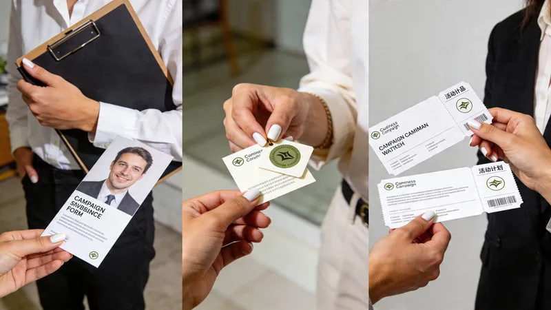 A professional composite showing various business marketing materials like forms, custom tags, and event tickets being held.