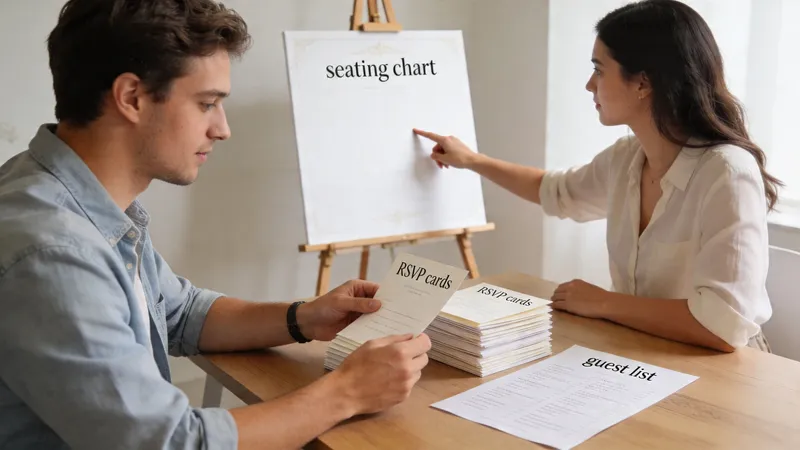 A couple sitting at a wooden table planning their wedding using RSVP cards and a seating chart board.