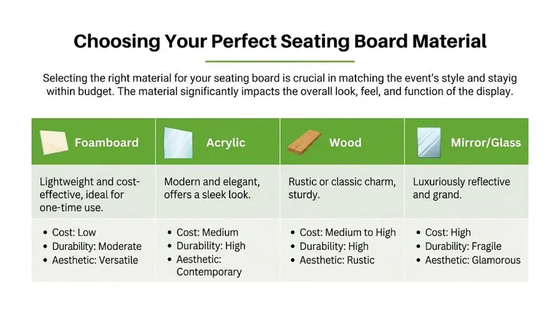 A comparison chart outlining the pros and cons of different seating chart materials including foam, acrylic, wood, and glass.